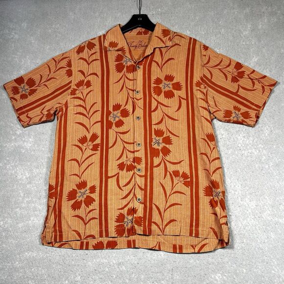 Tommy Bahama Hawaiian Shirt Mens Size Large Orange Floral 100% Tencel - Picture 1 of 11